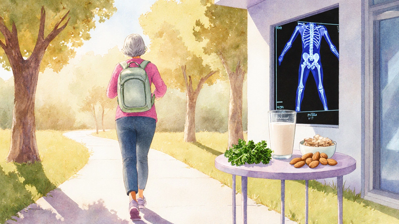 Woman walking outdoors near calcium foods and a DEXA scan clinic.