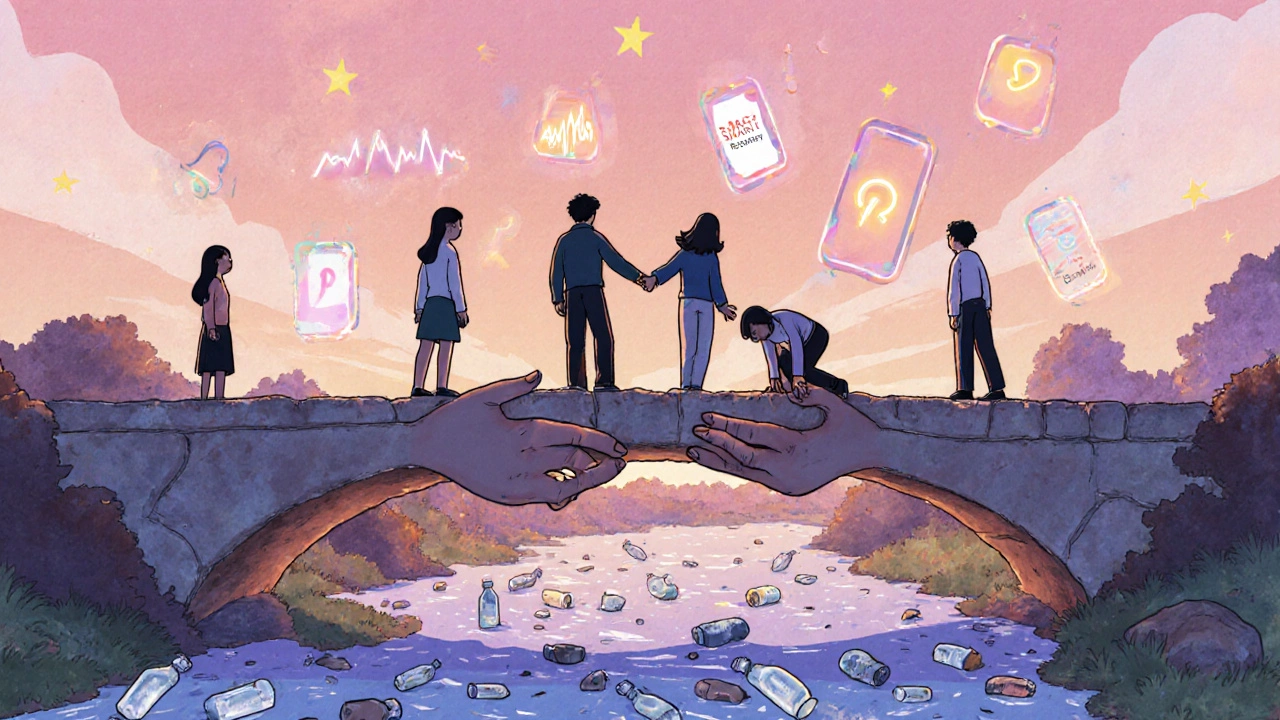 A diverse group on a bridge of hands, looking down at bottles in a river, with recovery symbols glowing above like stars.
