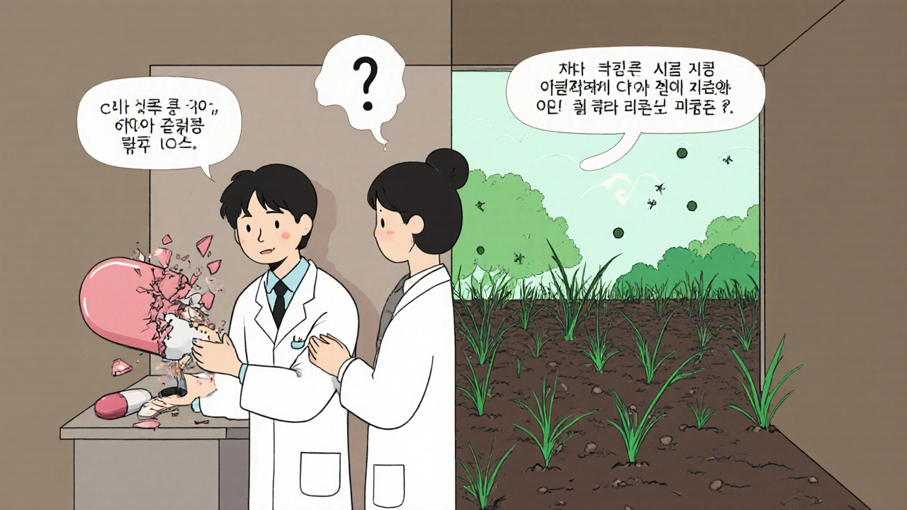 A doctor and patient discuss antibiotics, with a split view of a healthy vs. damaged gut ecosystem.