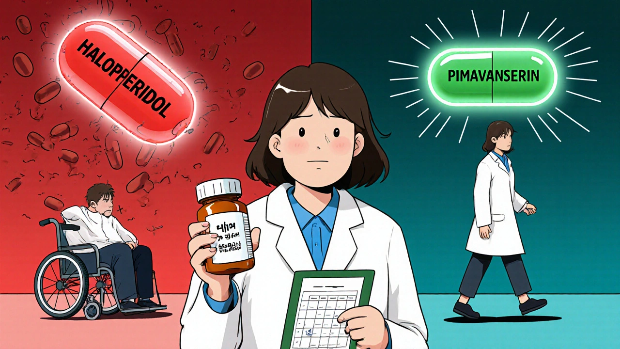 A doctor shows a patient two paths: one with a dangerous antipsychotic crushing mobility, another with a safer alternative.