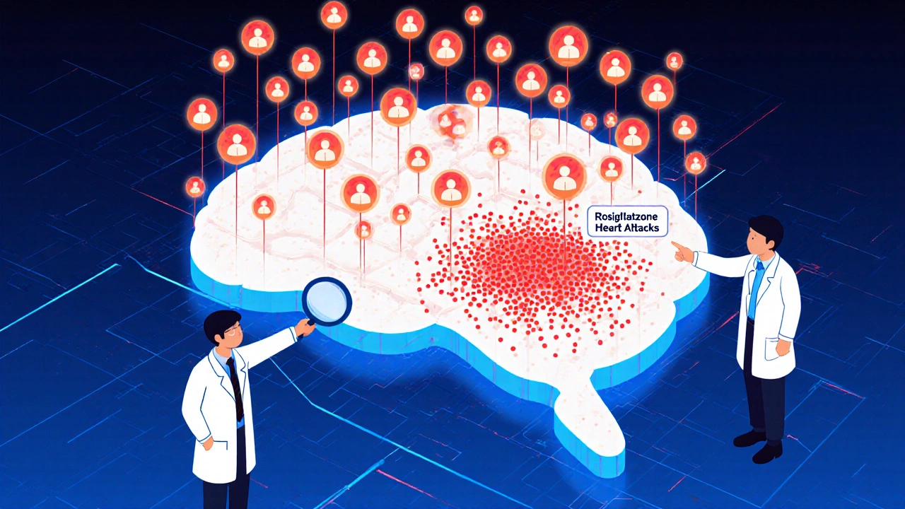 A giant brain-shaped dashboard glowing with red signal dots from across the U.S., monitored by FDA analysts.