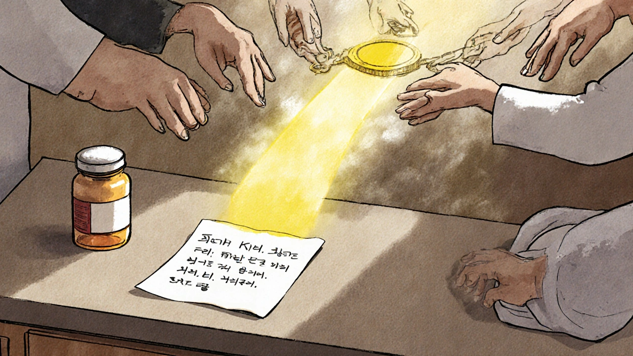 A handwritten note on a counter glowing into a chain of hands reaching up to an FDA seal, symbolizing collective reporting.