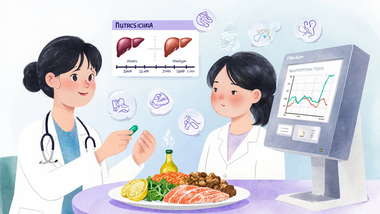 A patient receiving guidance at a clinic, eating healthy food while a liver scan shows improvement, surrounded by wellness icons.