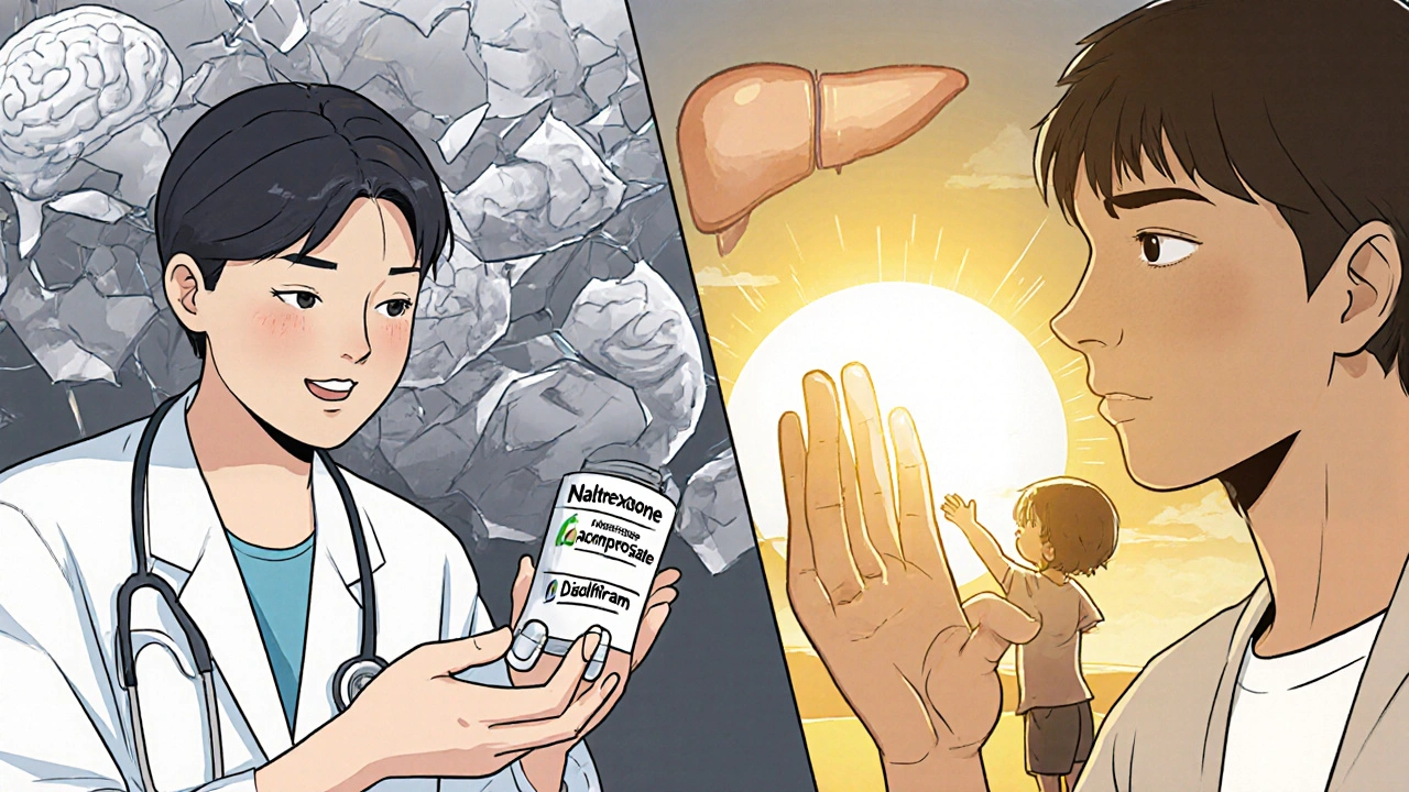 A patient receiving medication while split images show their damaged and healing self, with warm light symbolizing recovery.