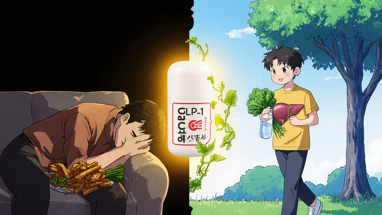 A person transformed from unhealthy to healthy lifestyle, with a glowing liver and a GLP-1 pill as a bridge between two worlds.