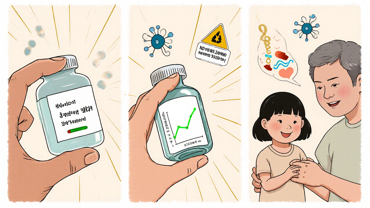 A series of images showing reduced medication, blood monitoring, and a grandparent holding a child’s hand.