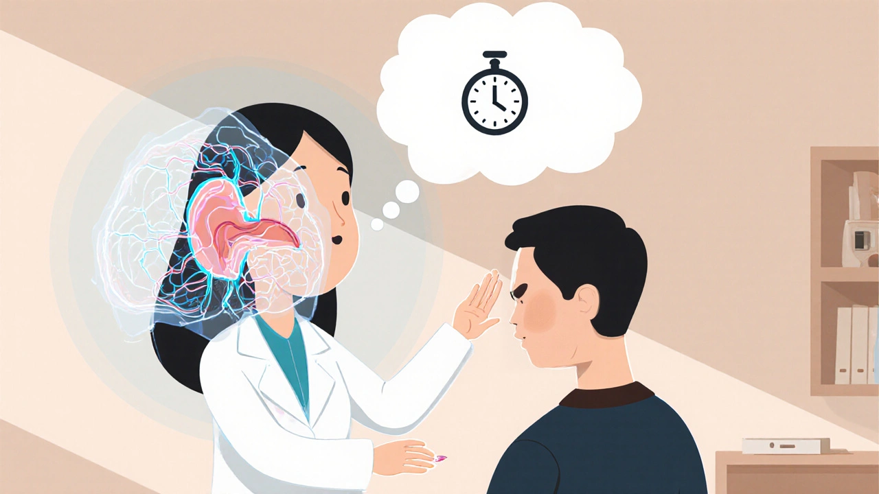 Audiologist explaining tinnitus neuroscience using a glowing 3D ear and brain model, with a thought bubble turning ringing into a ticking clock.