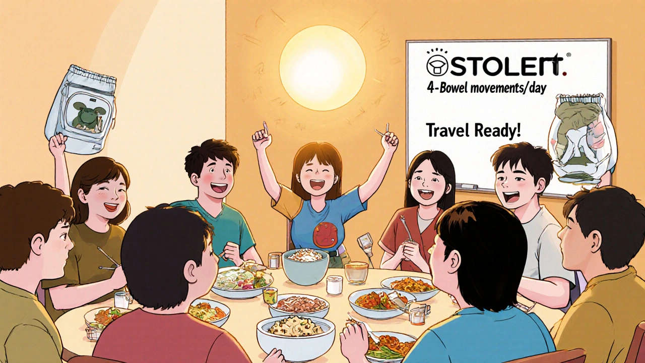 Diverse group of IBD patients laughing in a support group, holding smart ostomy devices.