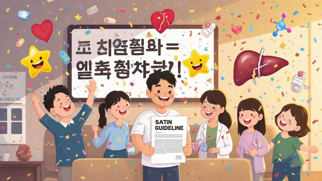 Diverse patients smile as statin pills fall like confetti, medical guidelines visible in background.