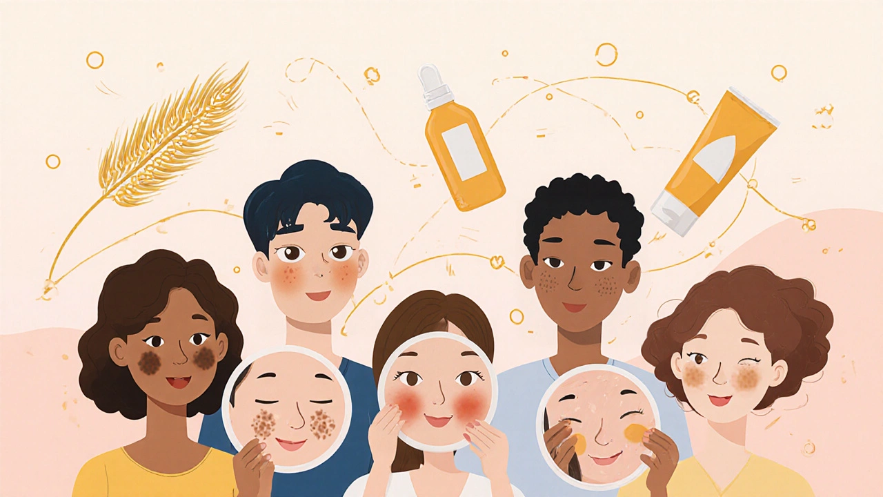 Diverse people holding mirrors showing improved skin, surrounded by symbols of azelaic acid's calming effects.