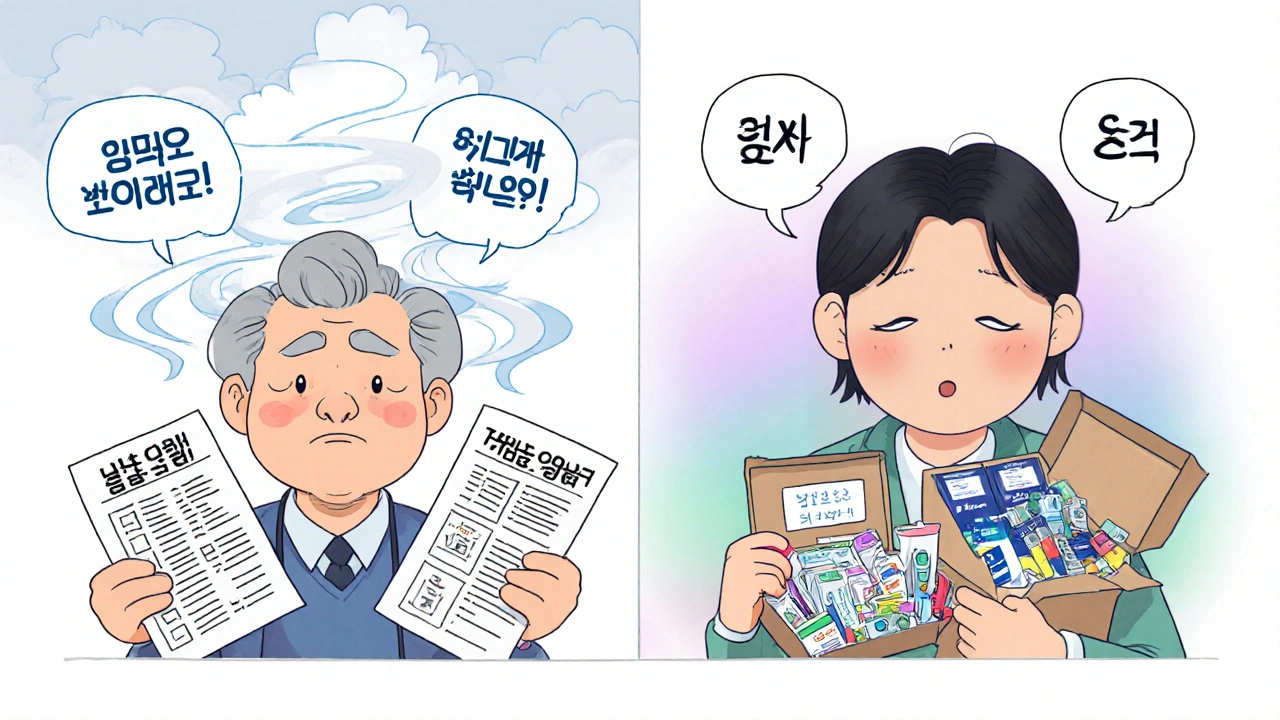 Elderly patient comparing conflicting medical advice, then confidently holding a prepared sick day kit.