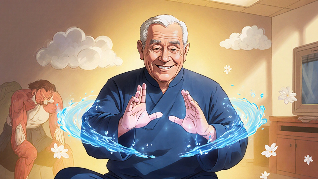 Elderly veteran doing seated tai chi in a clinic, with calming energy waves and relaxed posture.