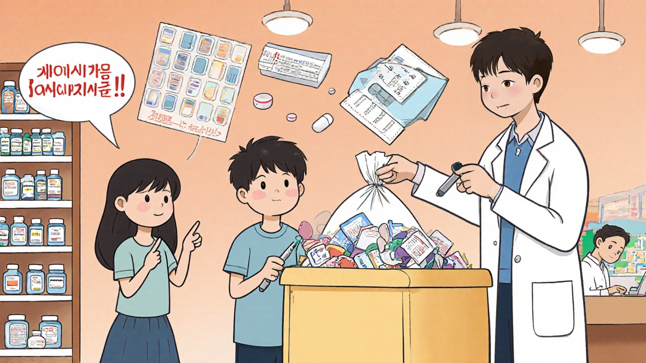 Family dropping off separated meds at a pharmacy take-back kiosk, pharmacist accepting them.