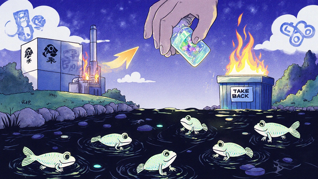 Glowing fish in polluted stream below, secure incinerator above as meds are safely disposed of.