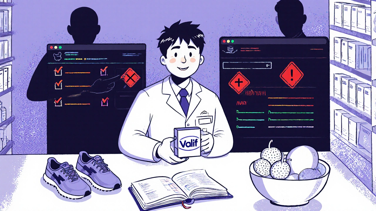 Man receiving Valif at pharmacy while fake pills glow dangerously in background