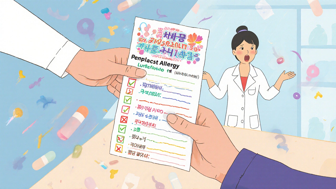 Patient handing updated allergy card to pharmacist with before-and-after comparison visuals.