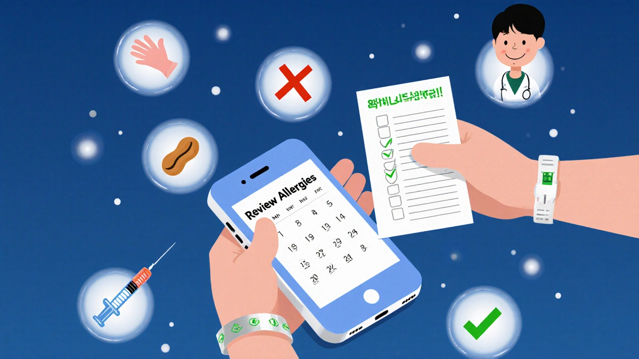 Person setting phone reminder to review allergies with icons of verified triggers nearby.