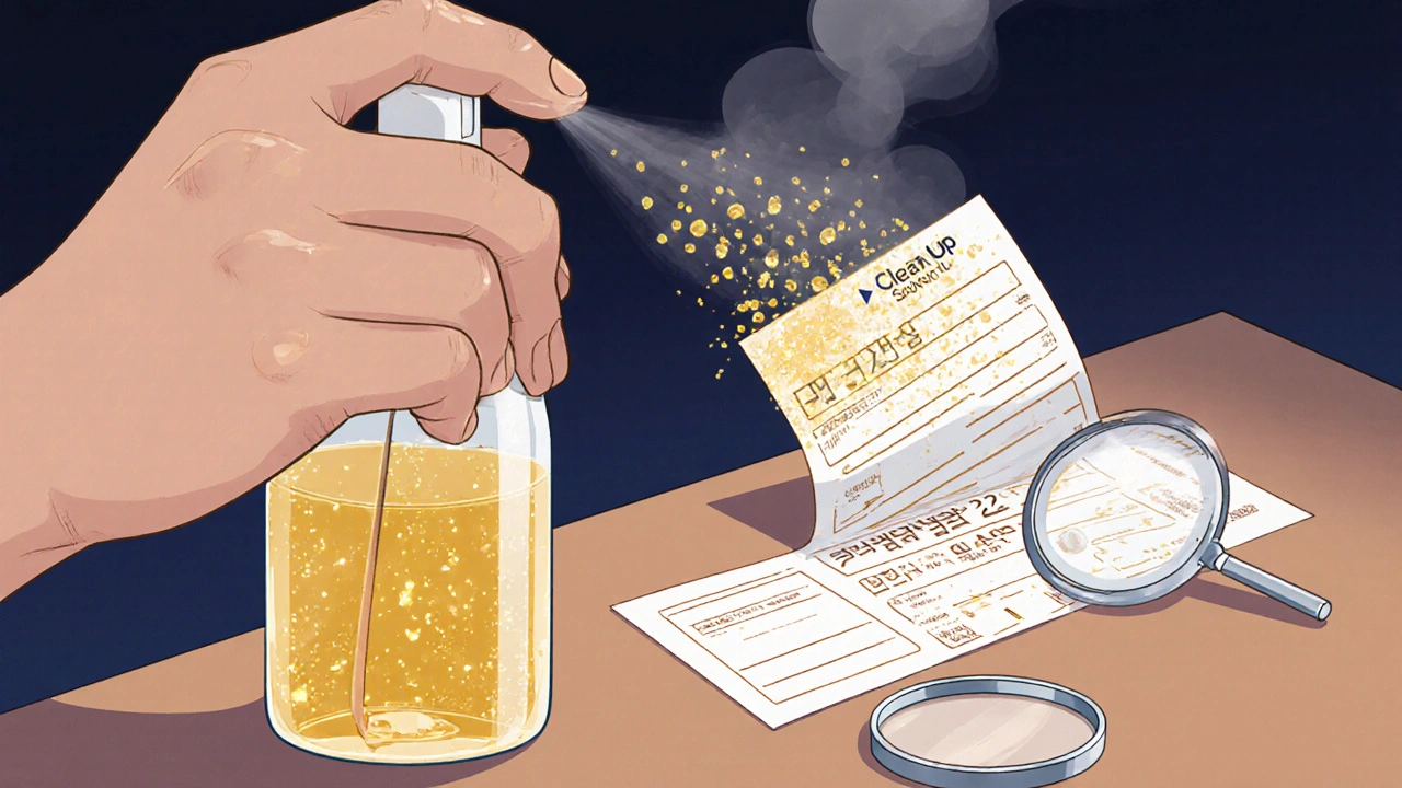 Person spraying solvent on prescription label as it peels off cleanly with golden dissolving effects
