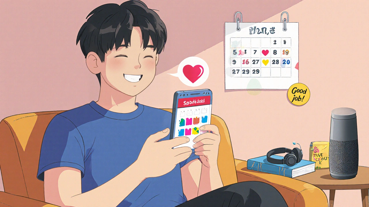 Smartphone showing 47-day medication streak with heart floating up, reward items nearby.