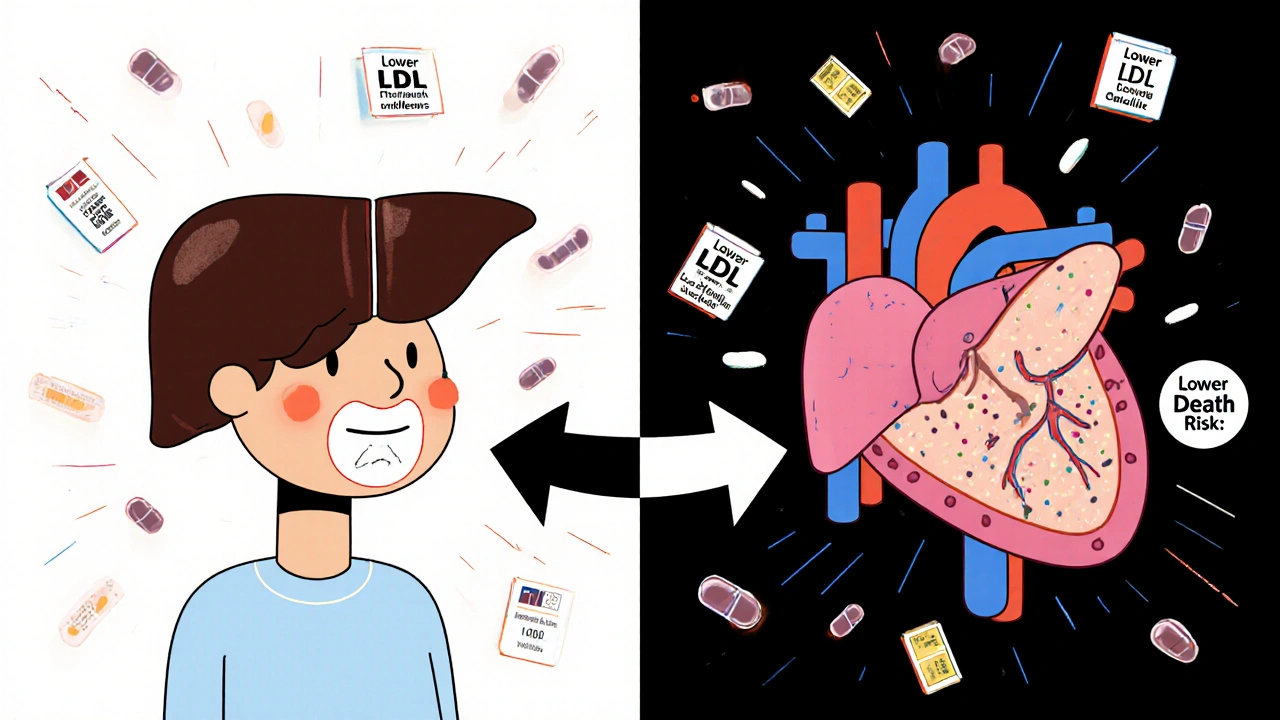 Split image: fatty liver and damaged heart transform into healthy organs after statin treatment.