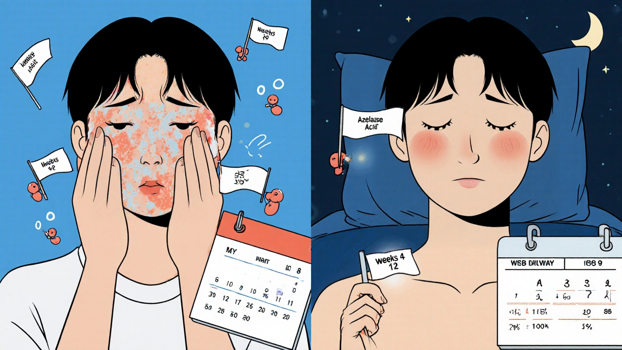 Split-panel showing harsh skincare vs. gentle azelaic acid use, with melanocytes surrendering pigment overload.