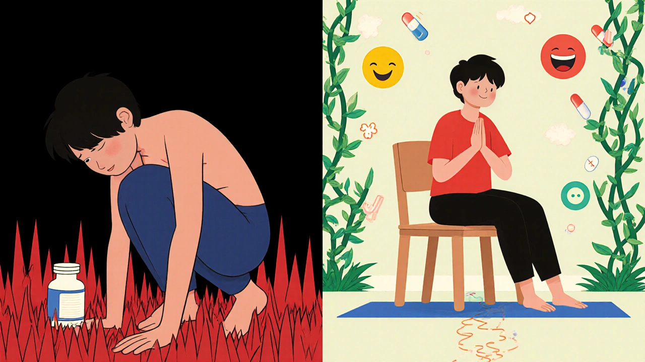 Split scene showing pain transformation: from hunched pain to calm chair yoga with healing symbols.