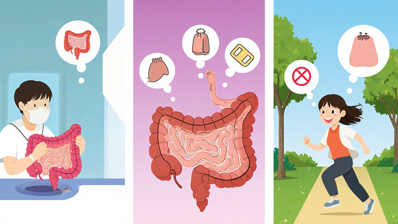 Three-panel illustration showing J-pouch surgery stages ending with a person running freely.