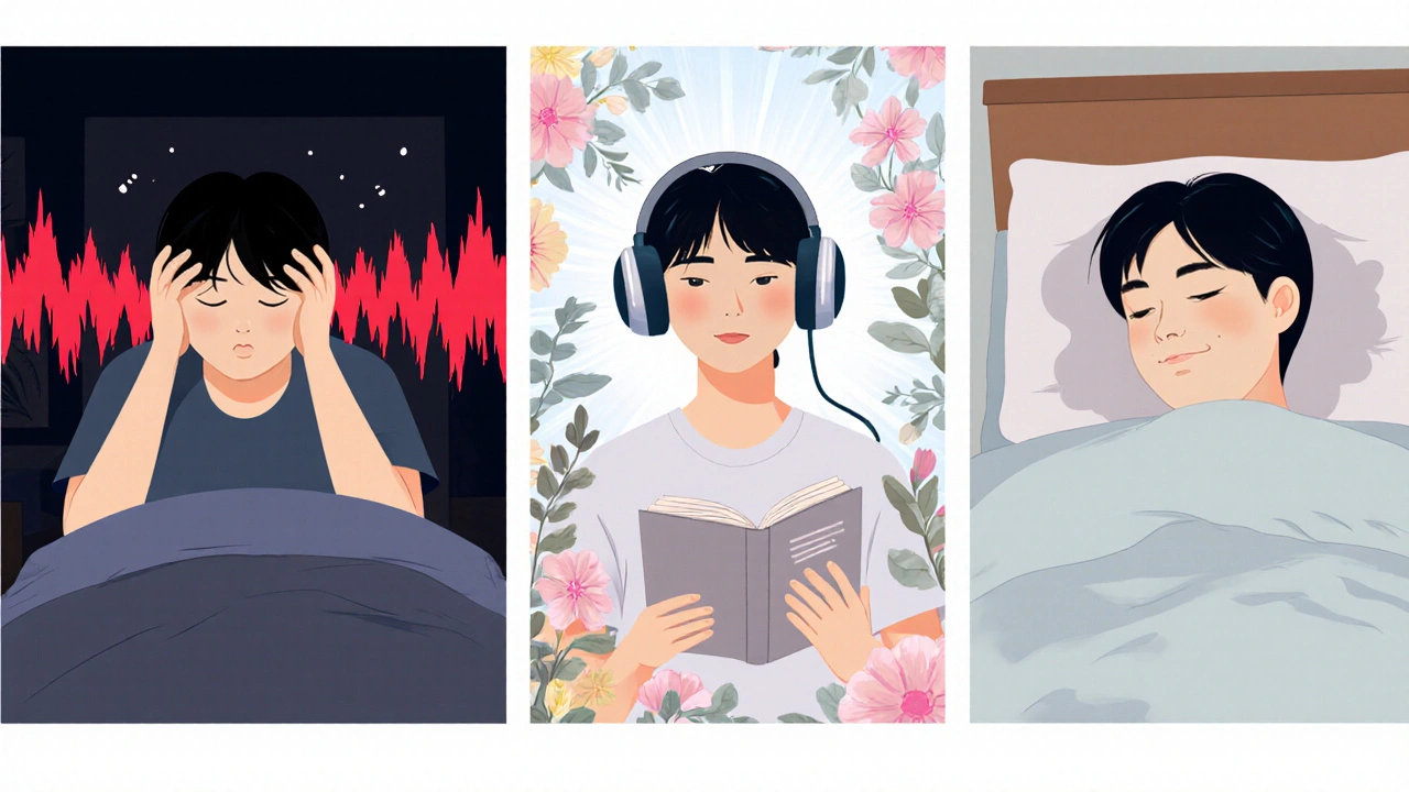 Timeline showing a patient’s journey from distress to peace, with tinnitus fading from loud red waves to a faint gray outline while they sleep peacefully.