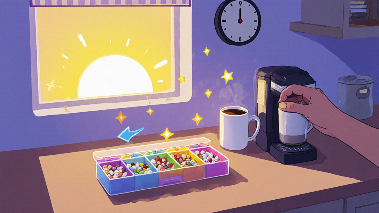 Weekly pill organizer next to coffee mug, glowing arrow linking them for habit routine.