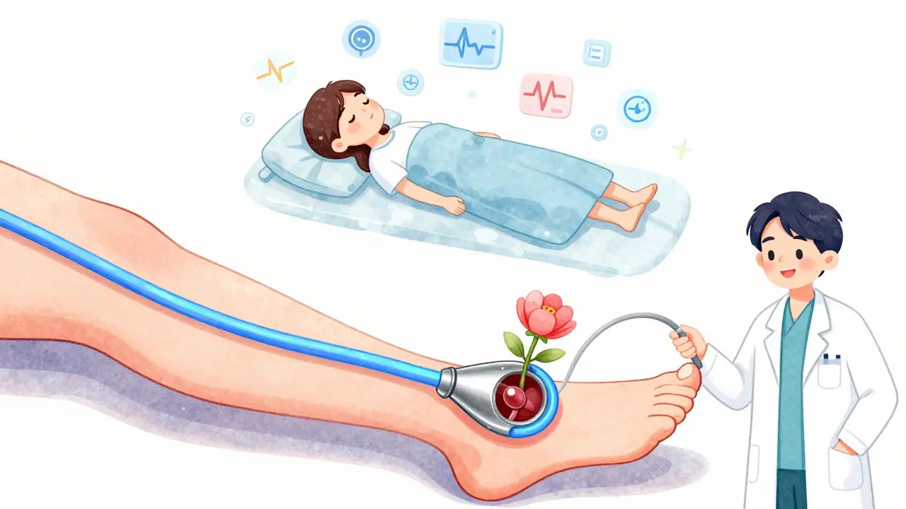 A catheter delivering a new heart valve through the leg, unfolding like a flower inside the heart, in vibrant Korean webtoon illustration style.