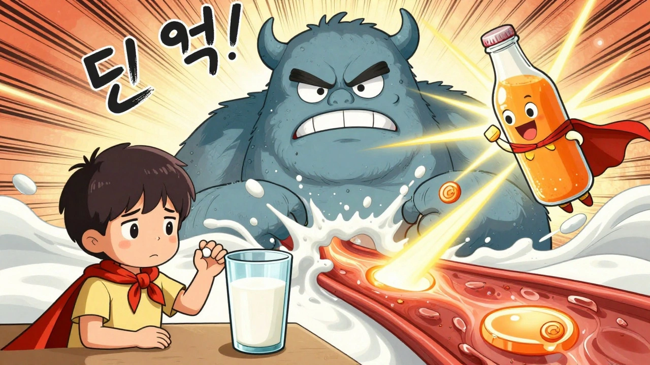 A child&#039;s iron pill blocked by a milk monster, rescued by a superhero orange juice bottle.