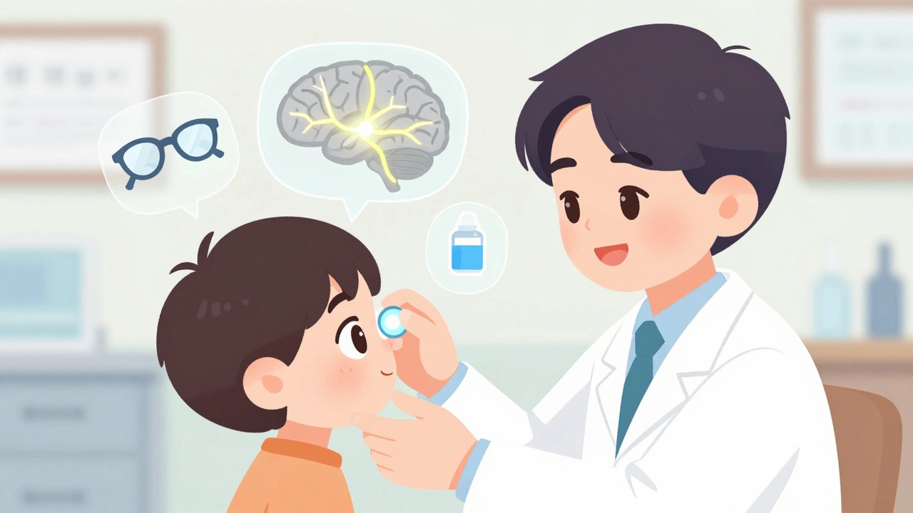 A doctor examining a child&#039;s eye with visual neural pathways showing brain-eye connections, one dim, one bright.