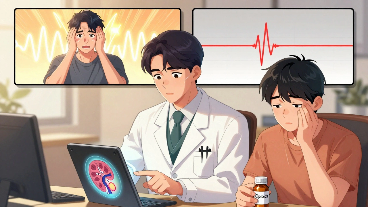 A doctor explains adrenal suppression to a tired patient using a tablet diagram, with contrasting healthy and suppressed cortisol timelines.