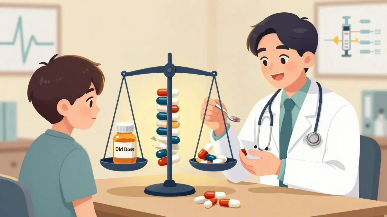 A doctor gives a tiny pill to a patient beside a broken bottle labeled 'Old Dose', with medical icons in the background.