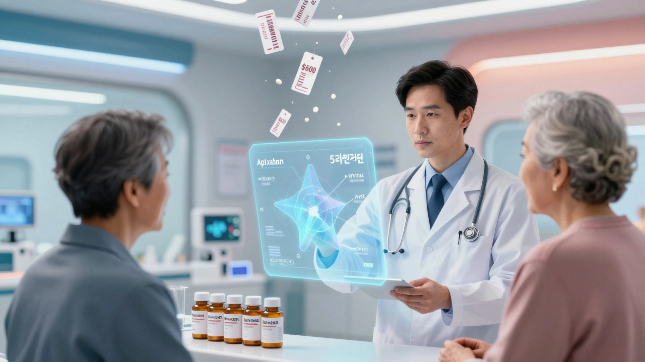A doctor recommends apixaban using a hologram as generic pills fall with dropping prices.