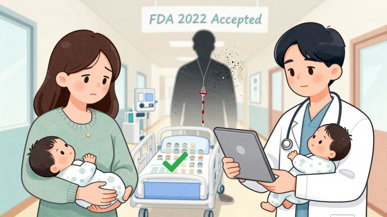 A doctor shows a PopPK model on a tablet to a mother in a NICU, with traditional trials fading away in the background.