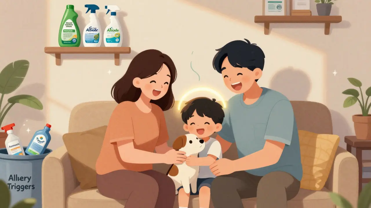 A happy family in a clean home surrounded by certified allergy-friendly cleaning products and a halo of clean air.