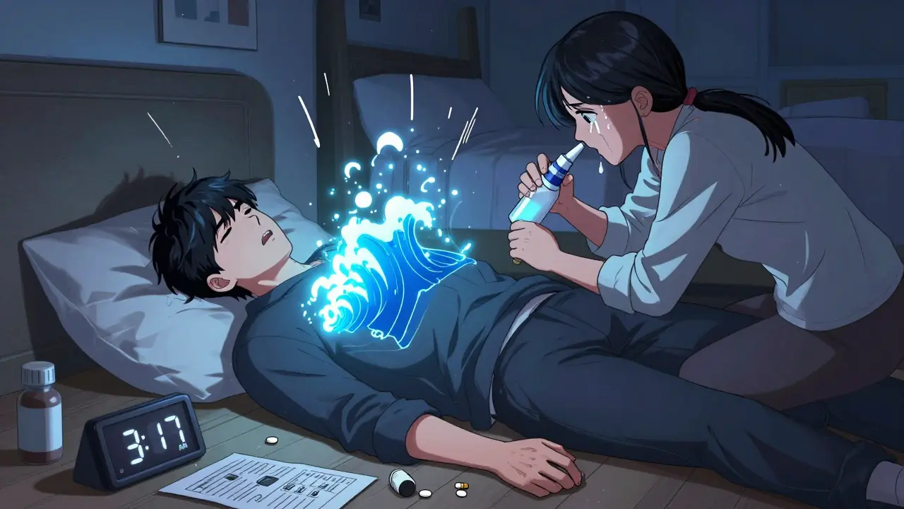 A loved one administers naloxone to someone collapsed at night, with glowing warning waves and a digital clock showing 3:17 AM.