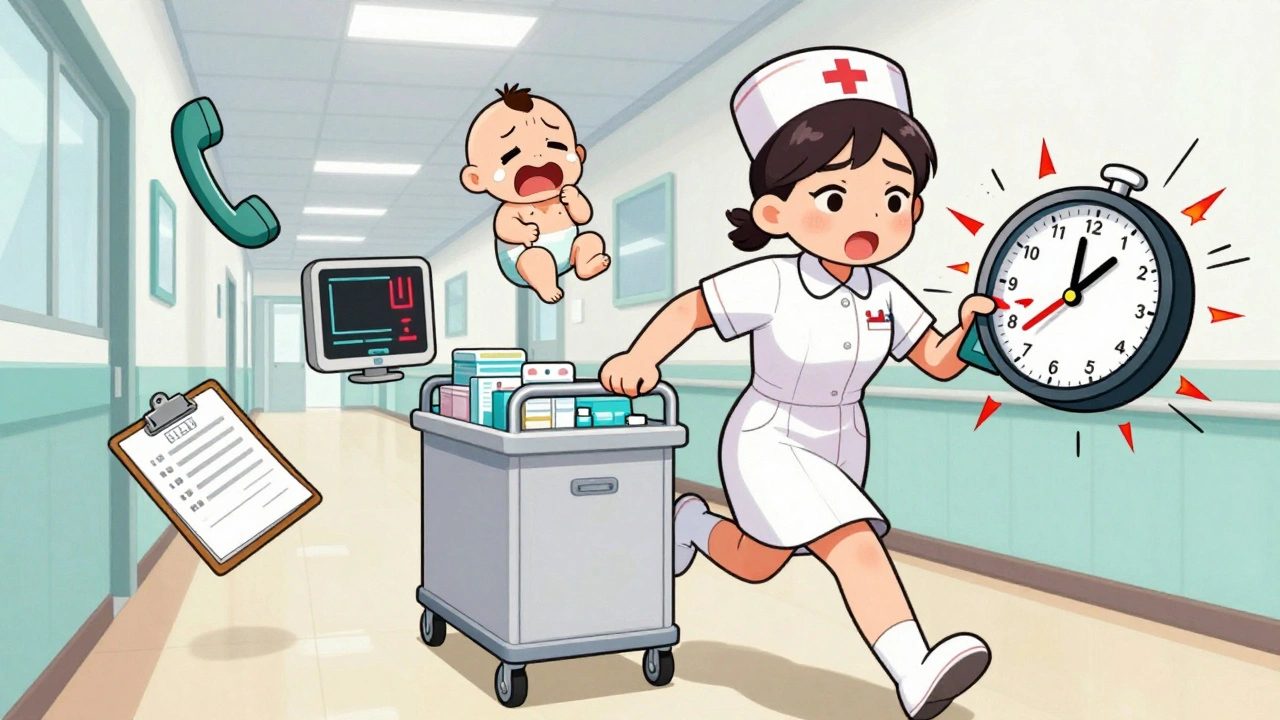 A nurse interrupted by five chaotic icons while trying to administer meds in a hospital.