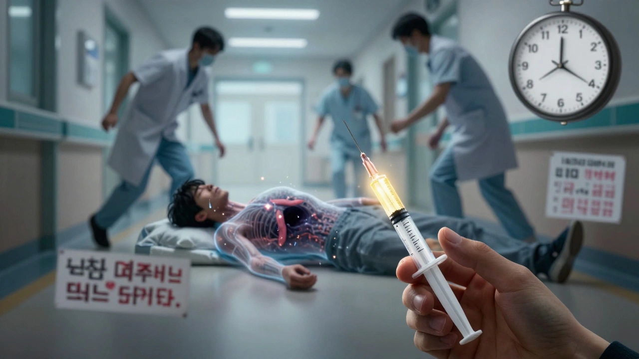 A person collapsing in a hospital as their adrenal glands are shown as a dark void, with a glowing hydrocortisone syringe nearby.