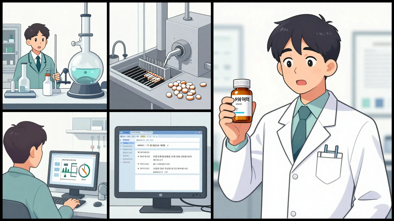 A pharmacist holding a pill bottle while transparent layers reveal the hidden journey of drug manufacturing and pricing systems.