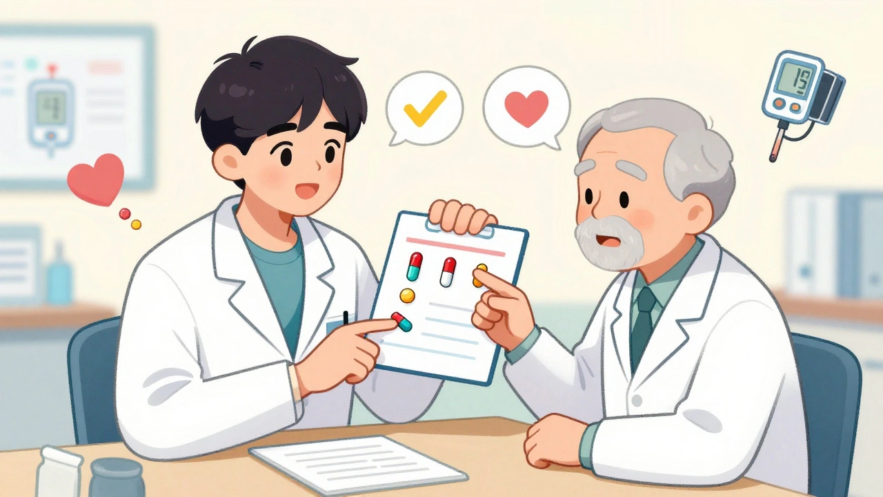 A pharmacist shows an elderly man how multiple pills become three combination tablets on a chart.