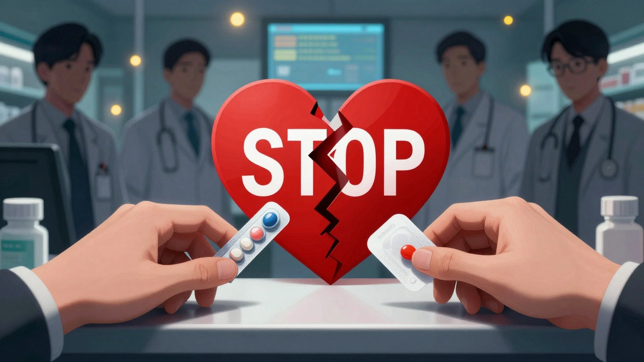 A red stop sign shaped like a broken heart blocks two hands reaching for dangerous pills at a pharmacy.