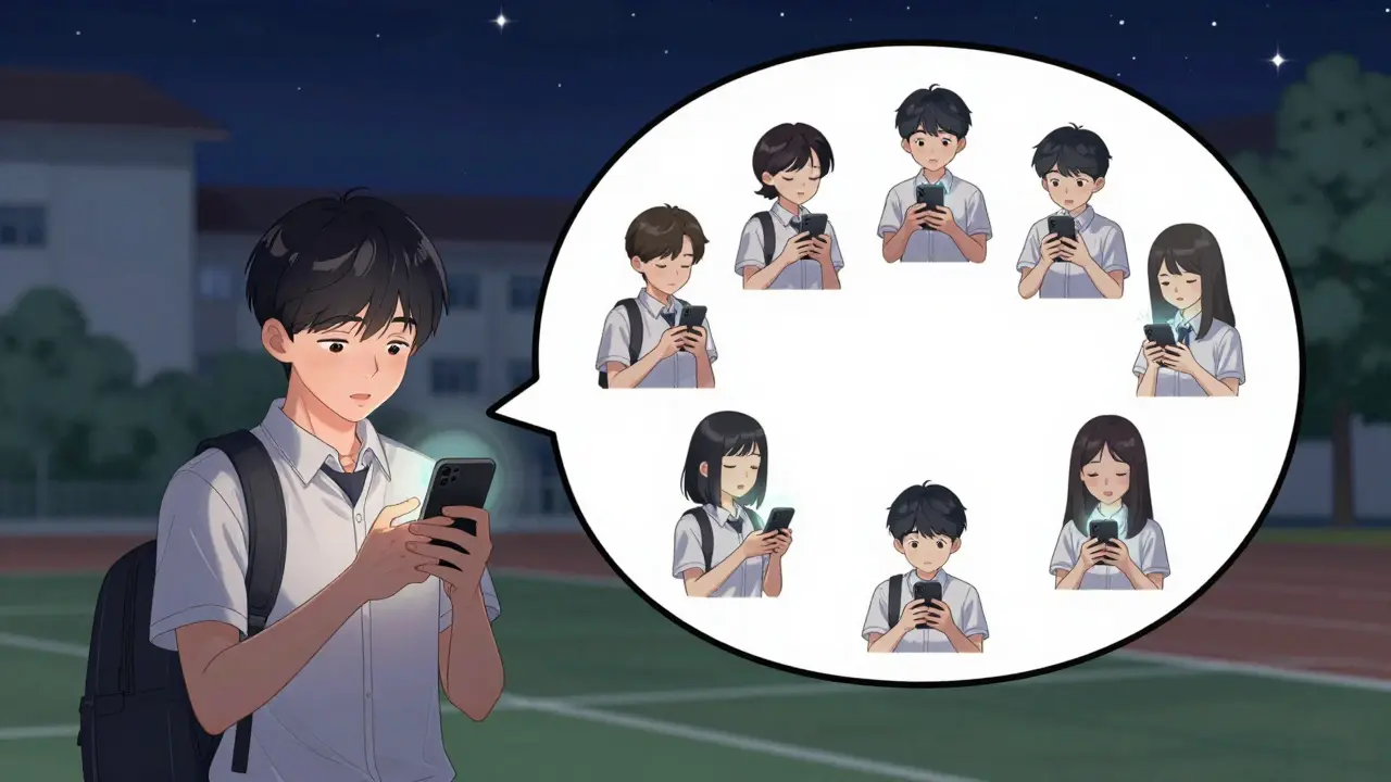 A student posts a bedtime routine, inspiring peers to turn off their phones in a peaceful night scene.