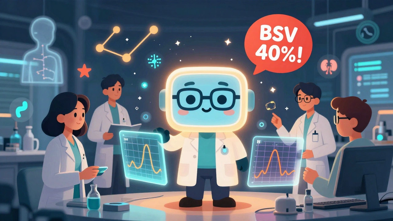 A team of scientists analyzing floating drug exposure models with patient traits like age and kidney function as glowing icons.