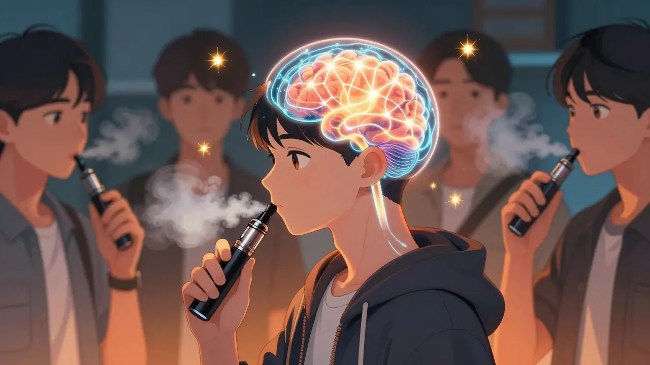 A teen's brain glows with reward signals as they observe friends vaping, illustrated in webtoon style.