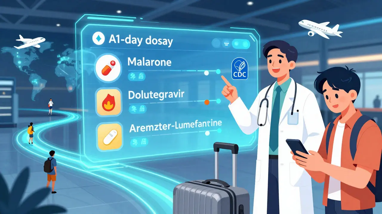AI app projecting medication timeline over suitcase in airport, with global flight paths and doctor guiding traveler