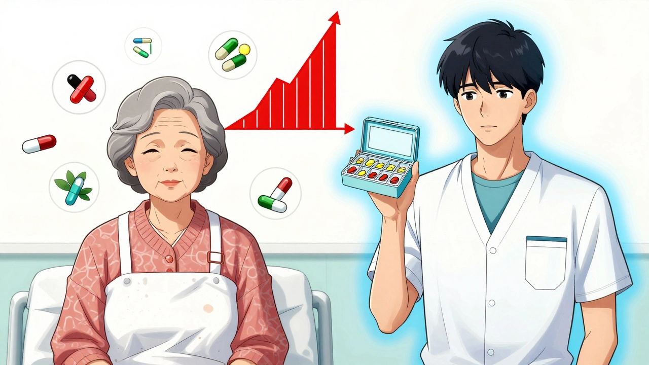 An elderly patient overwhelmed by warfarin interactions vs. a calm DOAC user in a medical scene.