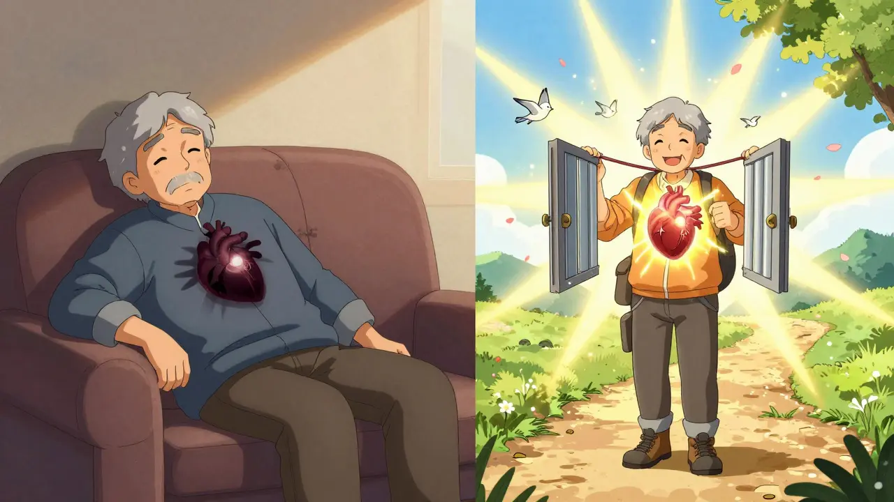 An elderly person transformed from exhausted to energetic, with a glowing healthy heart, shown in a before-and-after Korean webtoon scene.