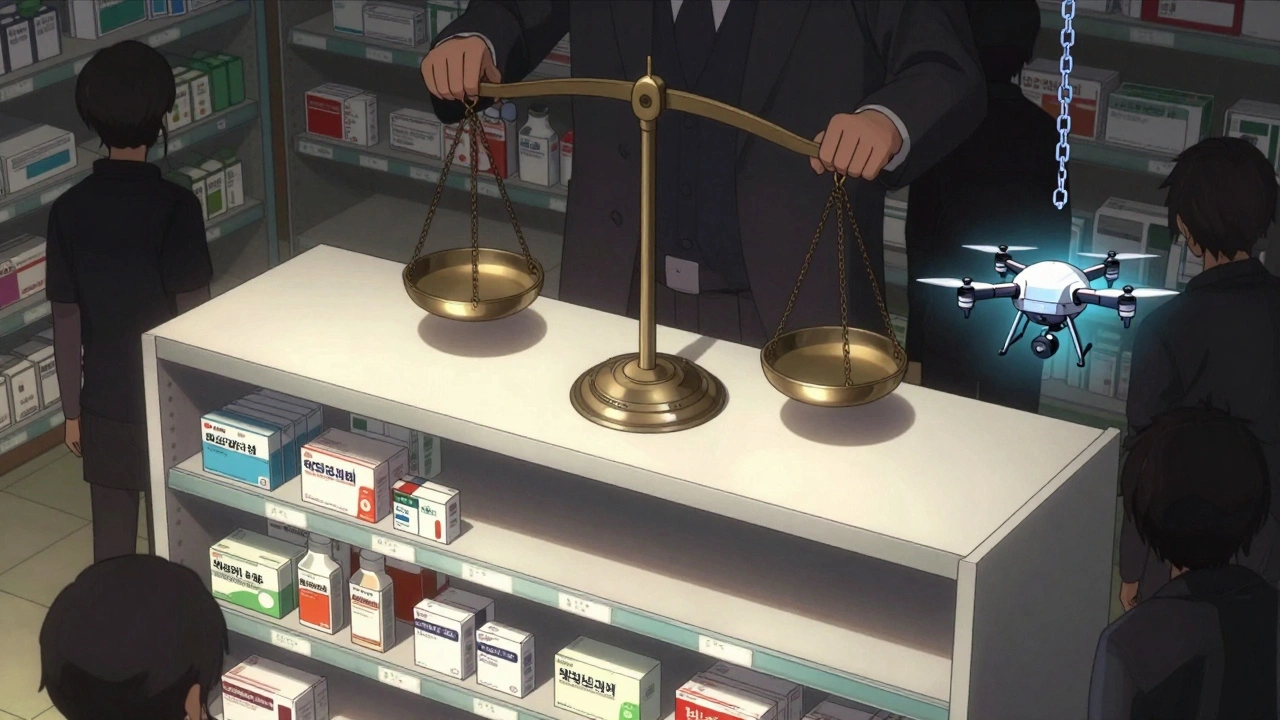 An empty pharmacy shelf with shadowy corporate figures above, and a drone with blockchain chains floating nearby, symbolizing supply chain stress.